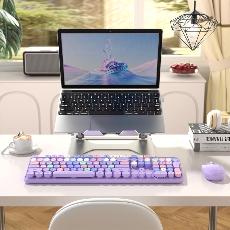 MPTOG Colorful Wireless Computer Keyboard and Mouse Combo with Round Typewriter Keycaps, Retro Design, Power Switch, Ergonomic Design, 2.4GHz Wireless for Windows, Mac, PC(Purple-Colorful) - Image 3